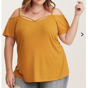 ⭐ Lowest Price⭐ Mustard Ribbed Cold Shoulder Top
